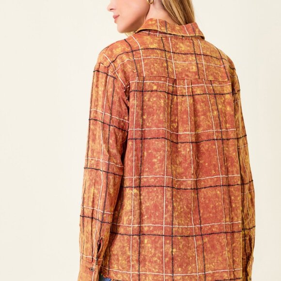 MYSTREE Rust Plaid Button Down Shirt, Distressed Hem Flannel Shirt - Picture 4 of 7